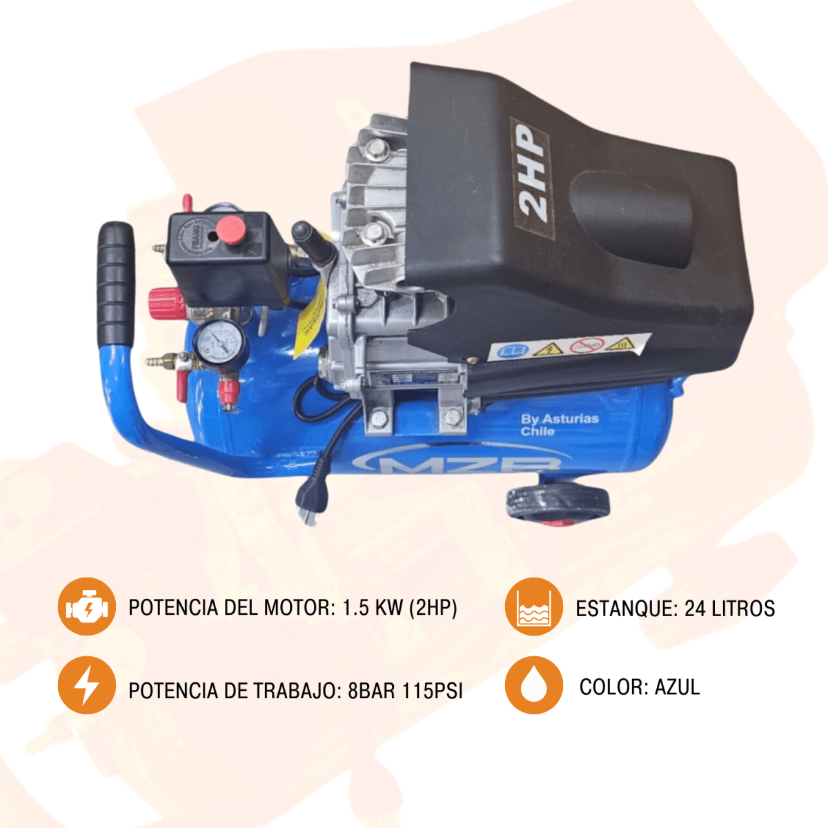 Compresor de aire eléctrico portátil total 24LT de 2hp 220v 8Bar 115psi MZB1
