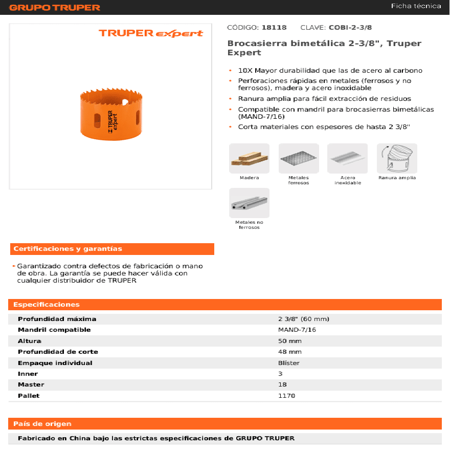 SIERRA COPA BIMETAL TRUPER 60mm 2.3/8pulg2