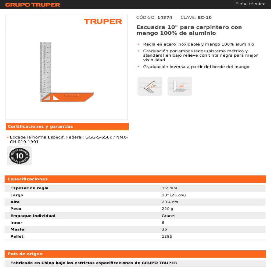 ESCUADRA CARPINTERO 10 pulg TRUPER EC-104