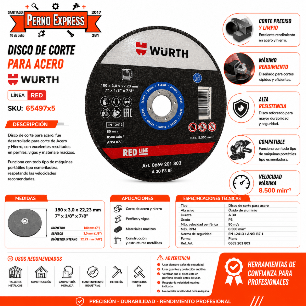 DISCO DE CORTE FIERRO 7*3.0mm WURTH x5 Unidades2