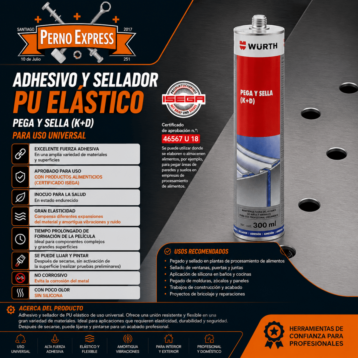 Pega Y Sella K + D Sellador De Poliuretano 300ml GRIS Wurth2