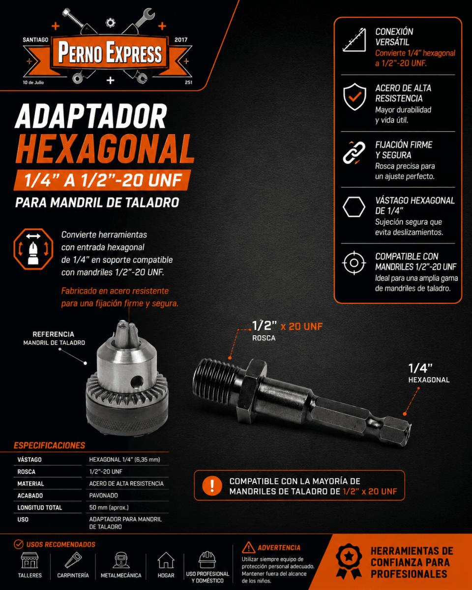 Adaptador Portabrocas 1/4 Hexagonal A 1/2 X 20unf2