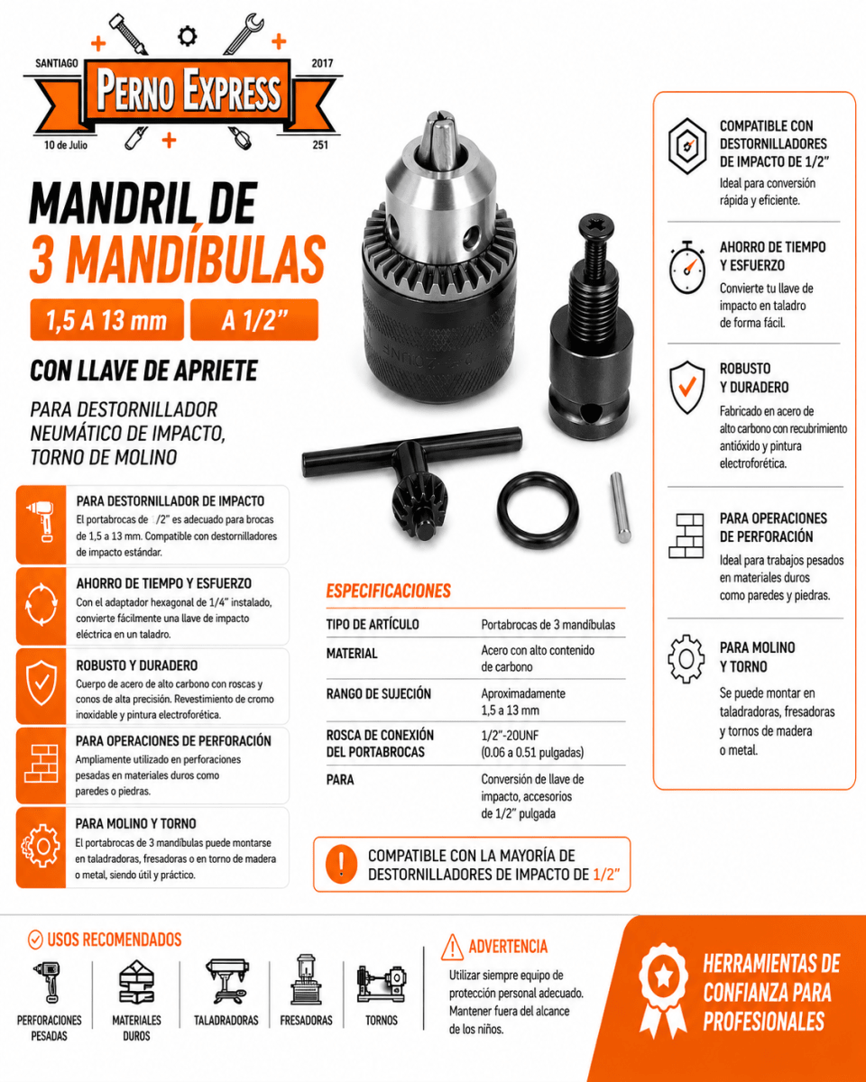 ADAPTADOR PARA LLAVE DE IMPACTO 1/2 CON PORTABROCAS DE 1.5 A 13mm2