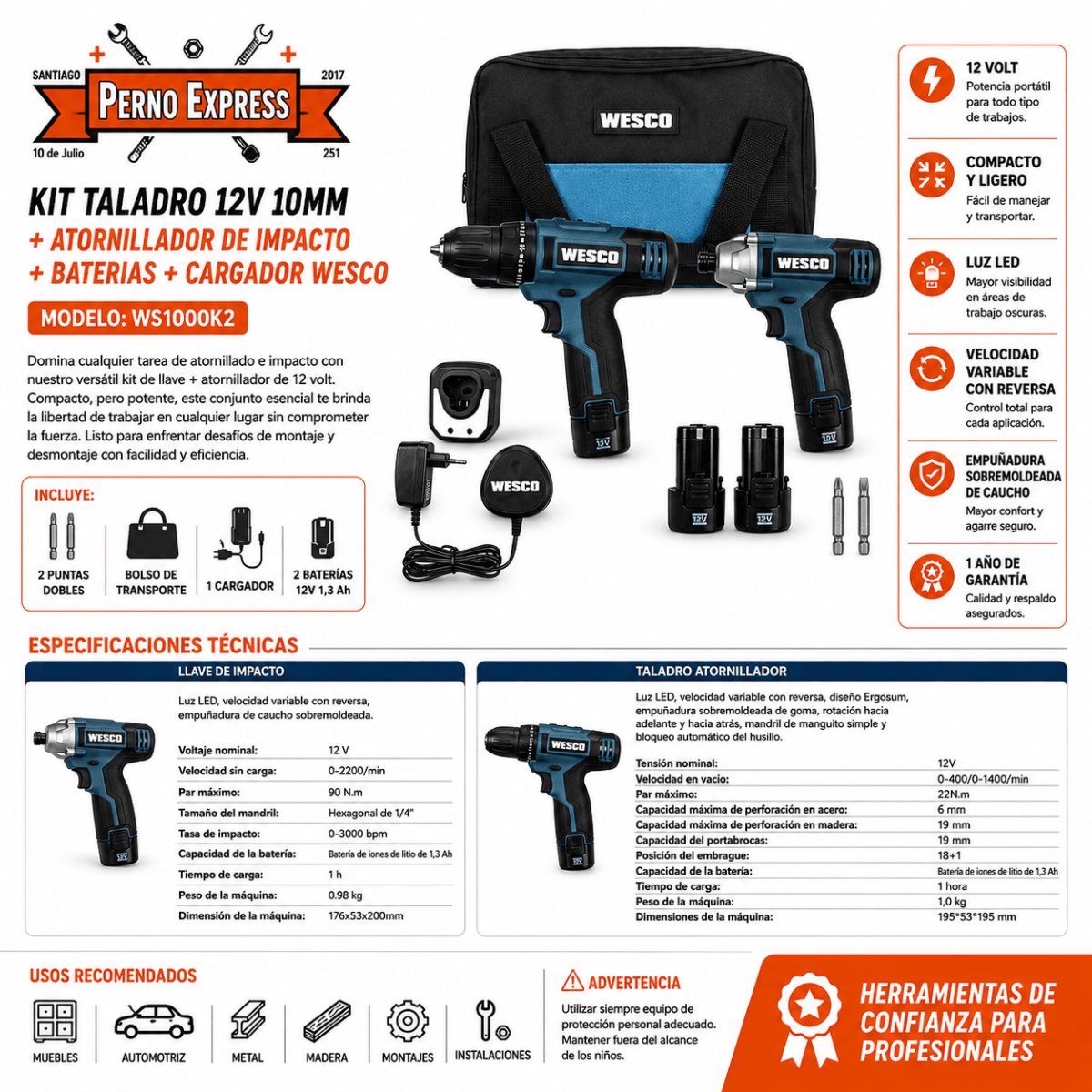 Kit Taladro + Atornillador Impacto 12v + 2 Bat 1 Carg Wesco2