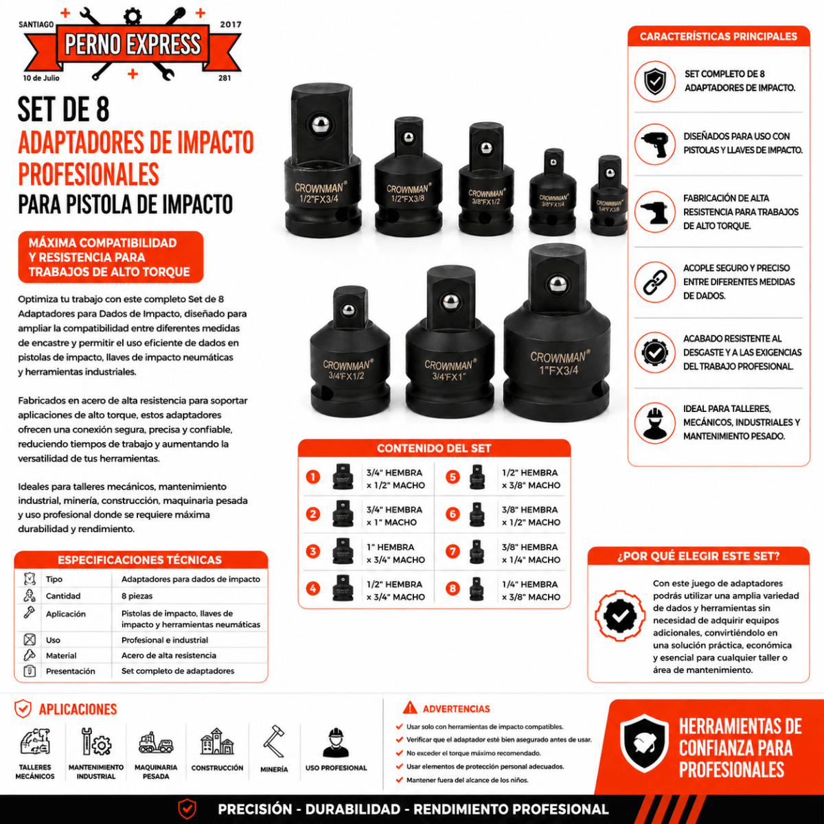 Adaptador Cuadrante Para Dado Impacto 1 a 3/4, 1/2, 3/8, 1/4 de 8pcs Encastre Reductor Ampliacion2