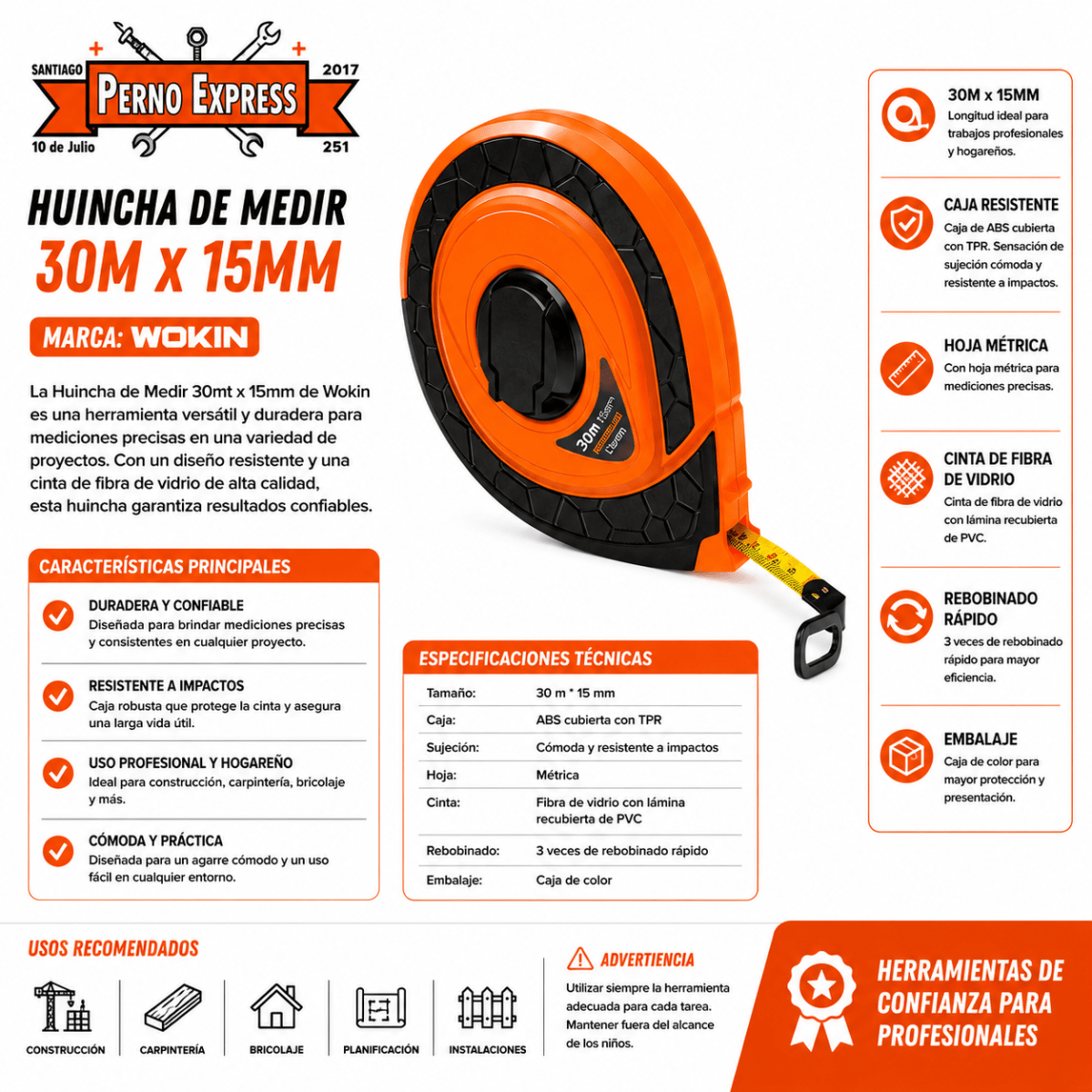 Huincha De Medir 30mts X 15mm Wokin2