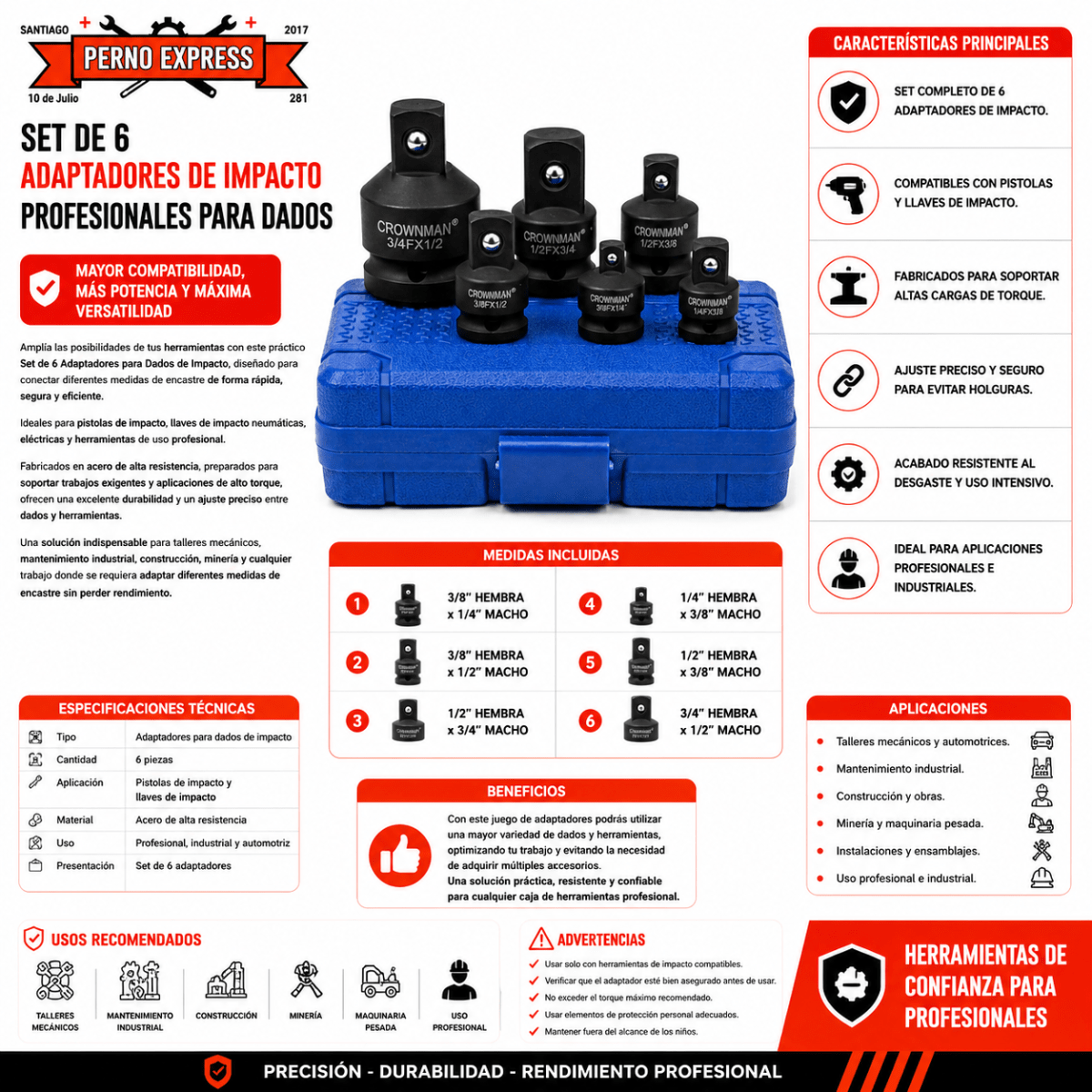 Adaptador Cuadrante Para Dado Impacto 3/4, 1/2, 3/8, 1/4 de 6pcs Encastre Reductor Ampliacion2