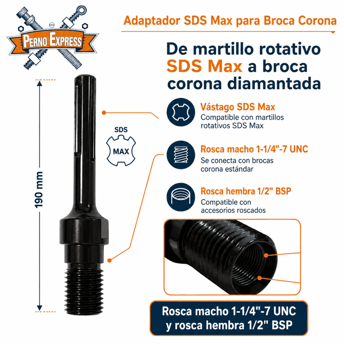 Adaptador SDS MAX 1-1/4 -7 Unc Y Hembra De 1/2 Bsp Para Brocas2
