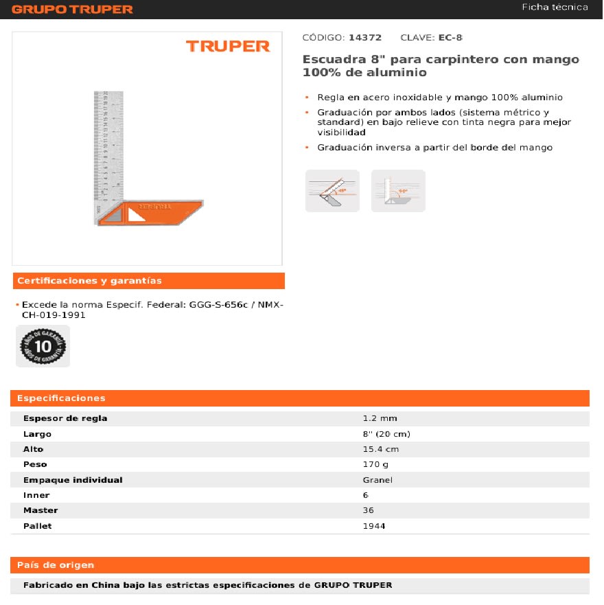 Escuadra Carpintera 8 pulg TRUPER EC-84