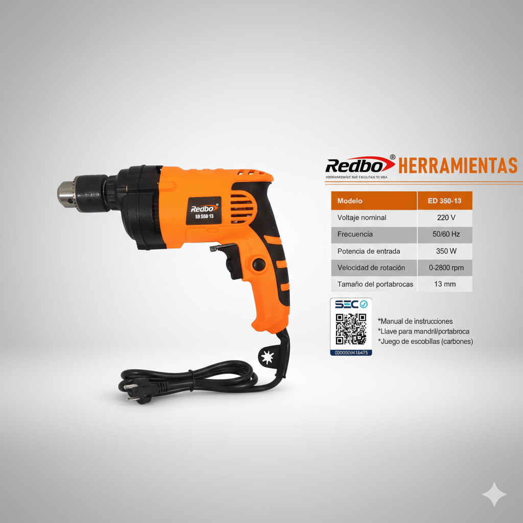 TALADRO PERCUTOR ELECTRICO 13mm 350w REVER. REDBO ED350-13 0