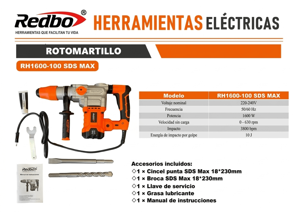 Rotomartillo Redbo Rh1600 Sds Max 1600w 10 Joules Industrial4