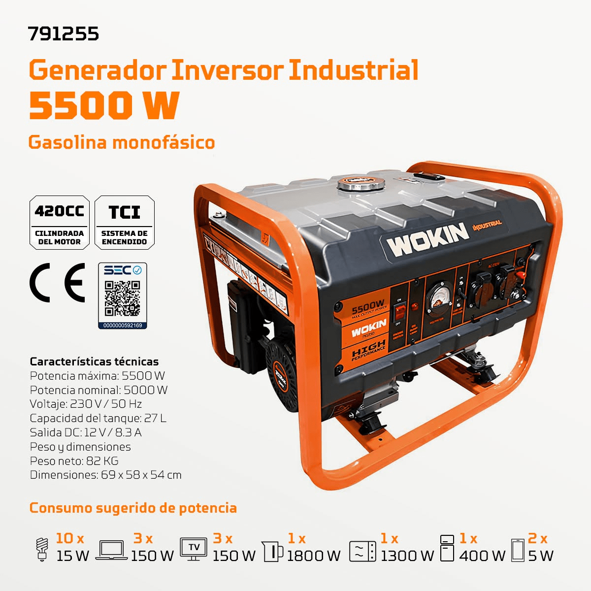 GENERADOR ELECTRICO 5500W GASOLINA WOKIN BENCINERO4