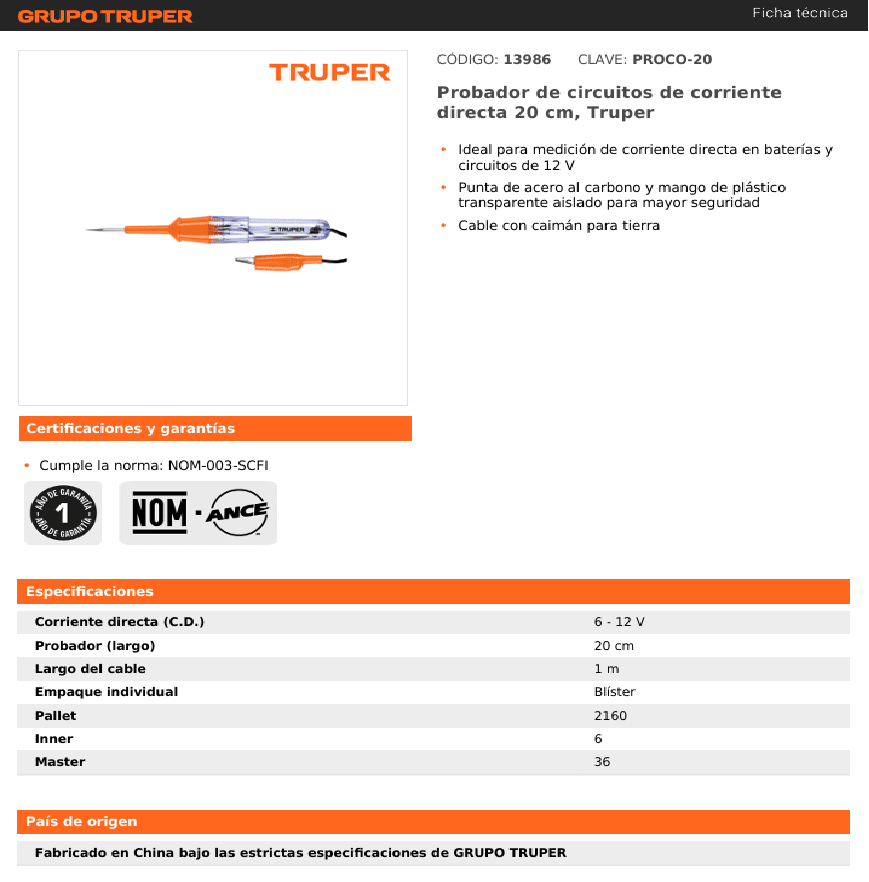PROBADOR Y/O TESTER TRUPER BUSCAPOLO CORRIENTE 6V-12V PROCO-202