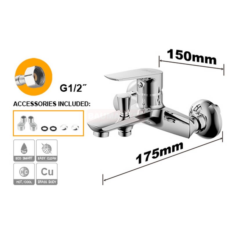 Llave Mono mando Ducha Tina 150 x 175 mm Cromado  Hslbm310011