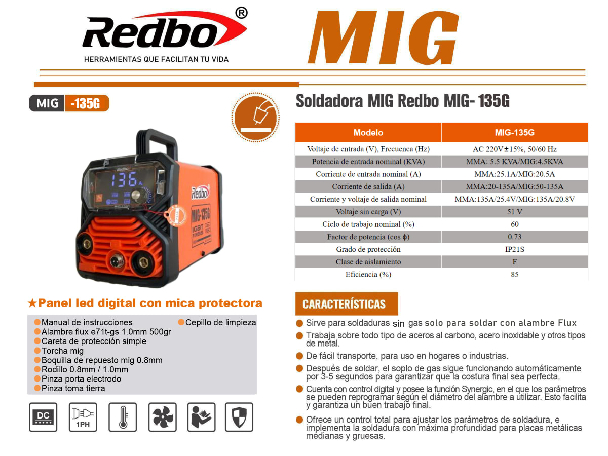 Soldadora Inverter Redbo MIG-135G 3 en 1 – MIG/MMA/TIG para acero, inoxidable y más1