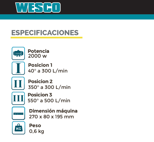 PISTOLA DE CALOR WESCO 2000W 550°10