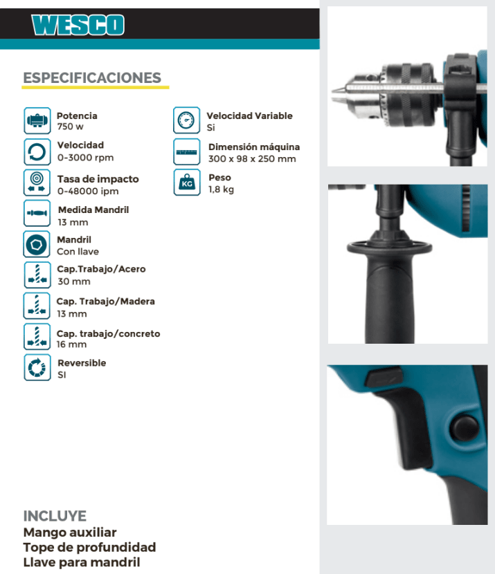 TALADRO PERCUTOR 13mm 750W WESCO WS31742