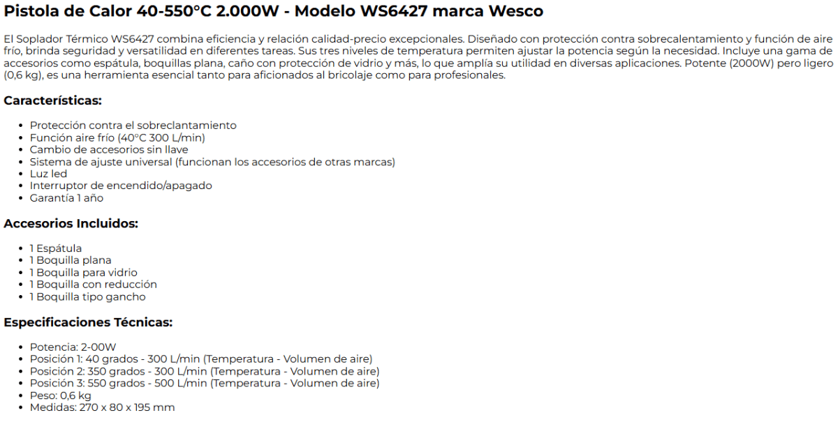 PISTOLA DE CALOR WESCO 2000W 550°11