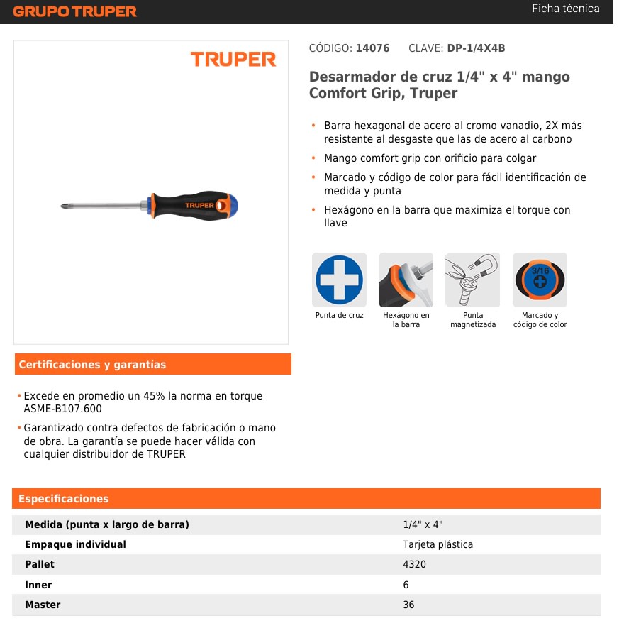 DESTORNILLADOR TRUPER CRUZ 1/4*4 #2 DP-1/4X4B4