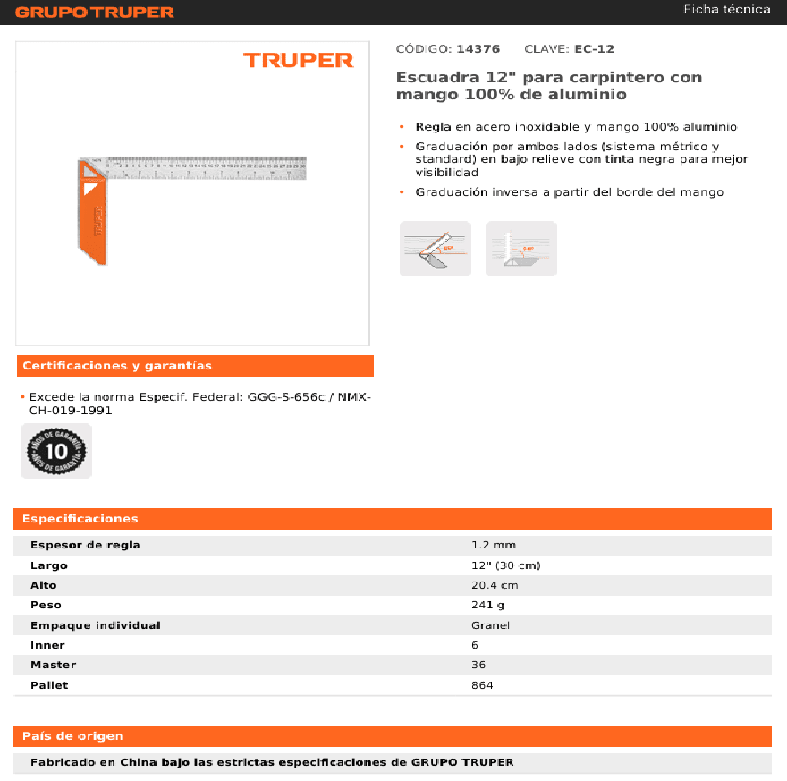 ESCUADRA CARPINTERO 12 pulg TRUPER EC-124