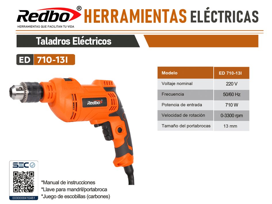 TALADRO PERCUTOR ELECTRICO 13mm 710w REVER. REDBO ED710-13I2
