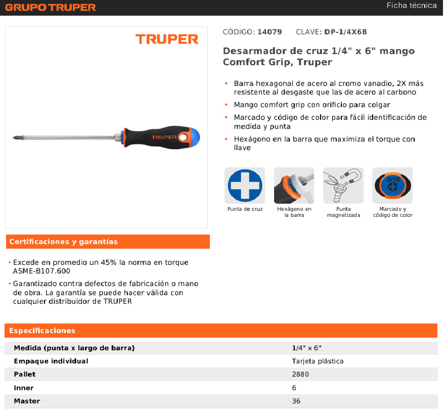 DESTORNILLADOR TRUPER CRUZ 1/4*6 #2 DP-1/4X6B4