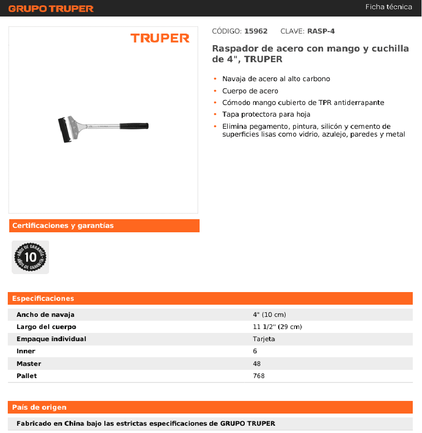 RASPADOR TRUPER D/ACERO CON MANGO Y CUCHILLO DE 4 pulgadas2