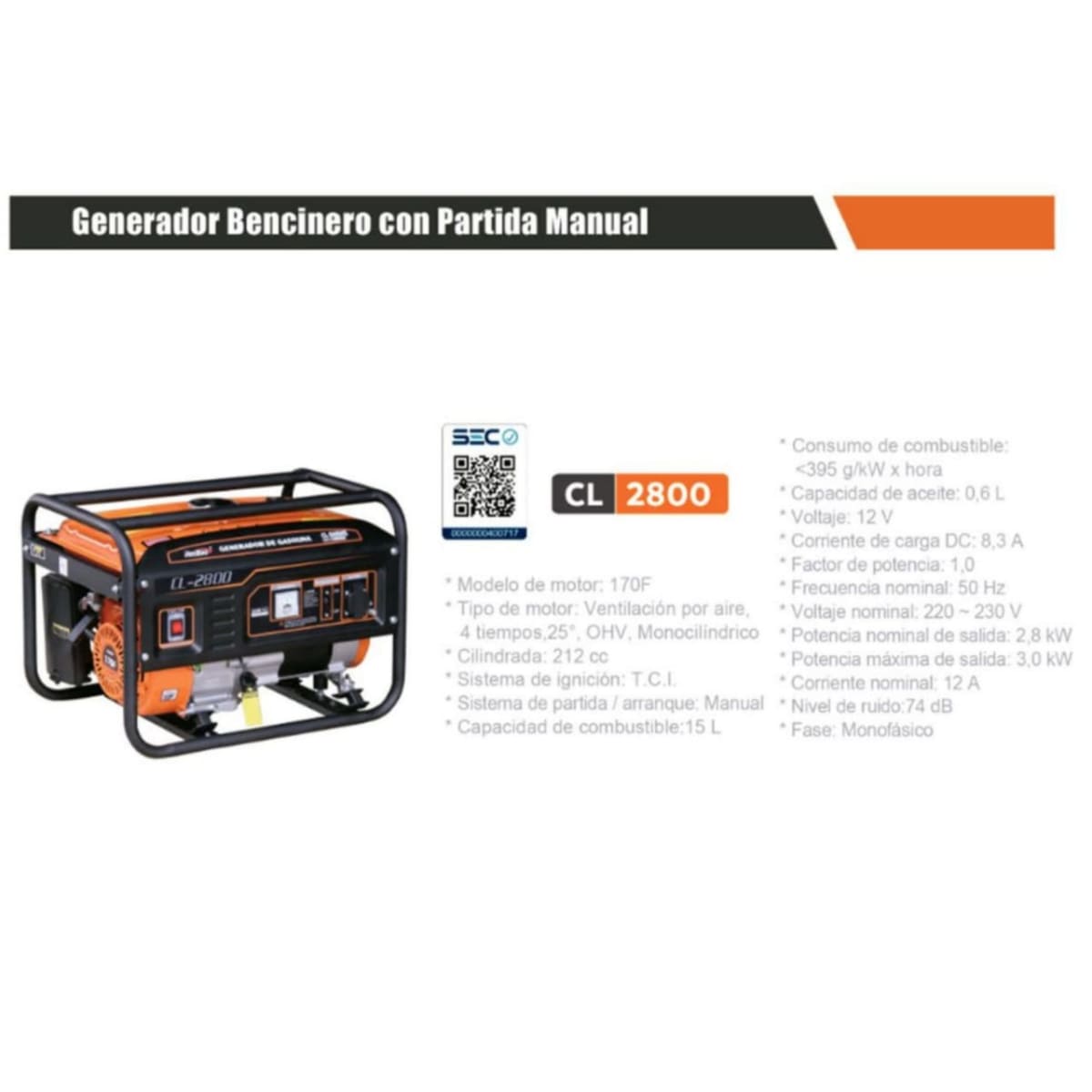 Generador Electrico 2.8kva Bencinero 220v Cl-2800 Redbo1