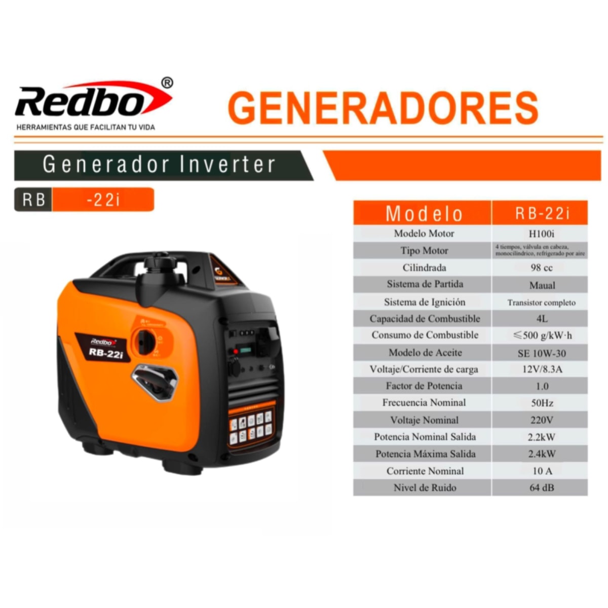 GENERADOR ELECTRICO INVERTE 2400w BENCINERO REDBO RB22i8