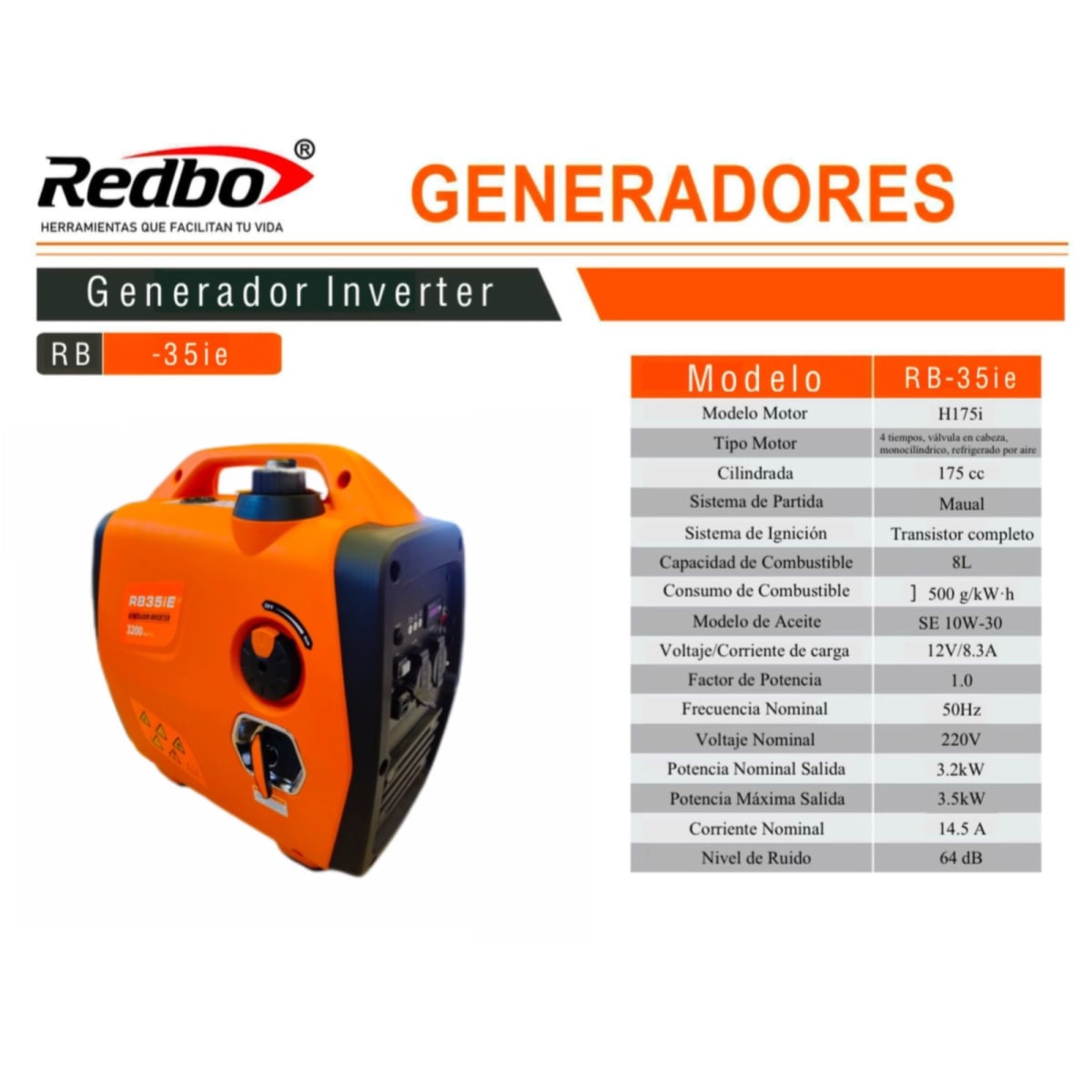 GENERADOR ELECTRICO INVERTE 3500w BENCINERO REDBO RB35iE5