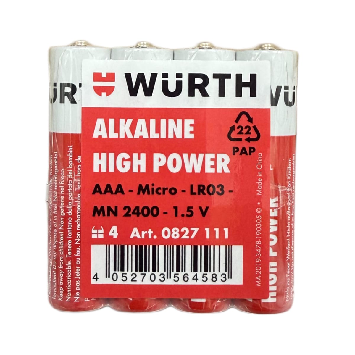 PILAS ALCALINAS (AAA) PACK 4 UND WURTH 1.5V LR032