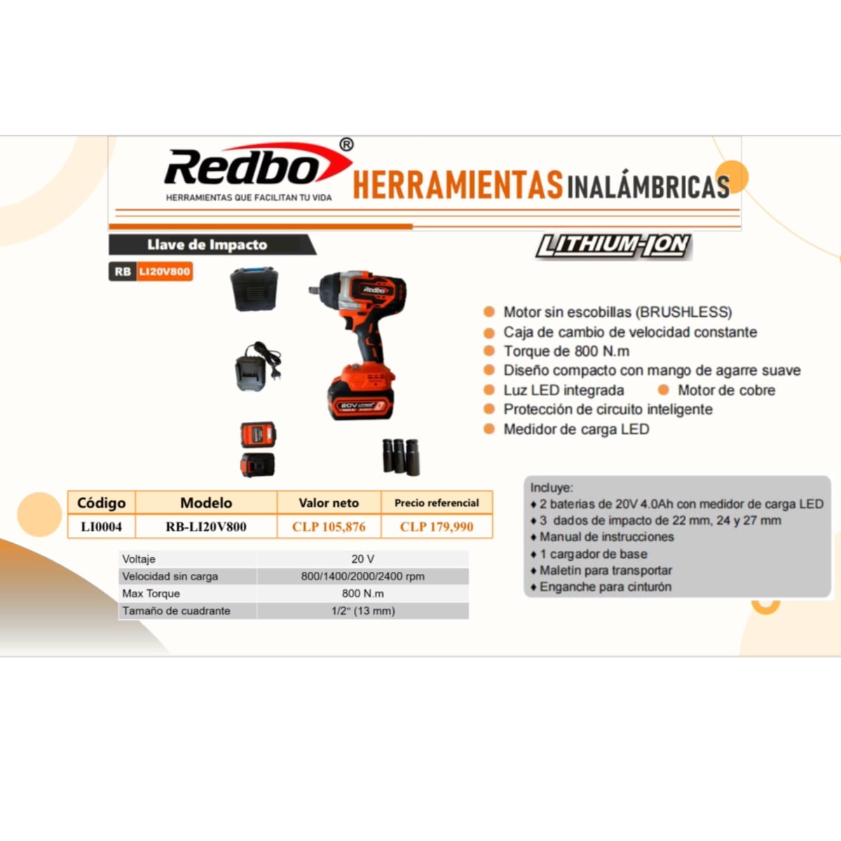 Llave De Impacto 20v Cuadrante 1/2 De 800nm + 2 Bat 4.0ah + Carg Redbo5