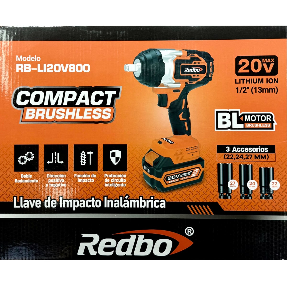 Llave De Impacto 20v Cuadrante 1/2 De 800nm + 2 Bat 4.0ah + Carg Redbo6