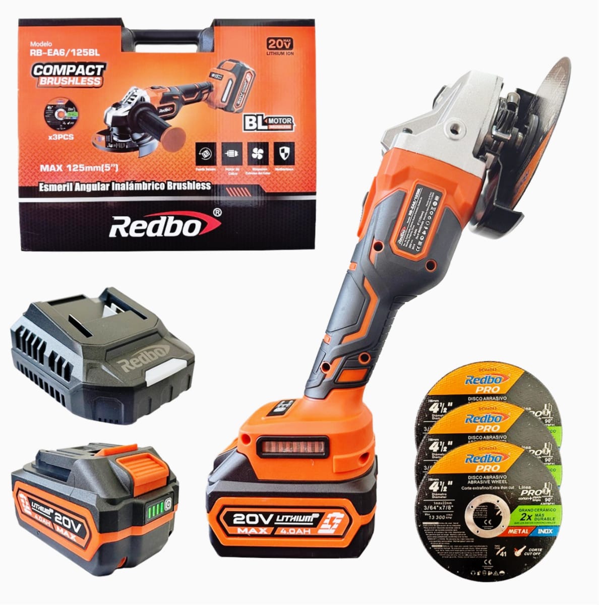 Galletero Esmeril Angular 4.1/2 Inalambrico 800w 20V 4.0amp 2 Velocidades + 2 BAT+ CARG 0