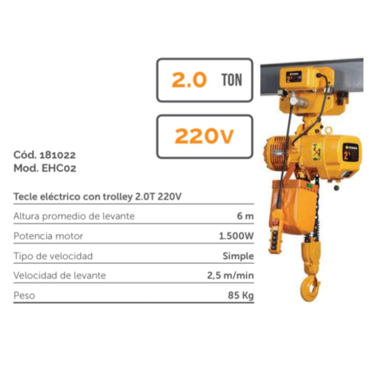 Tecle Electrico 2.0 Ton De Cadena 1500W 220V Con Trolly 6MTS Altura2