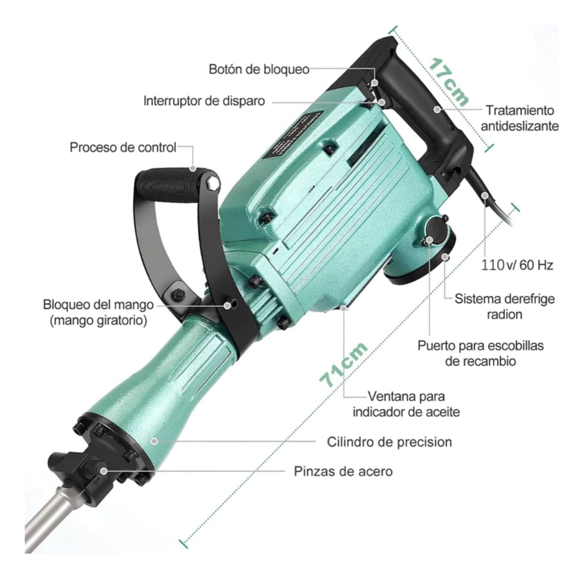 Martillo Demoledor Cango 15kg 2400w Toma Hexgonal + Punto + Cincel3