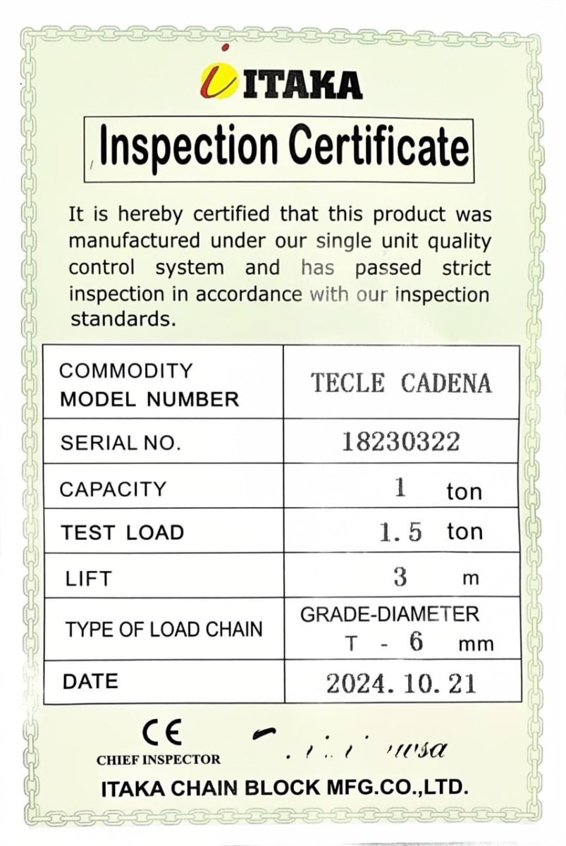 Tecle Cadena Manual 1 Ton Itaka Con Gancho 3 mts De Levante Certificados2