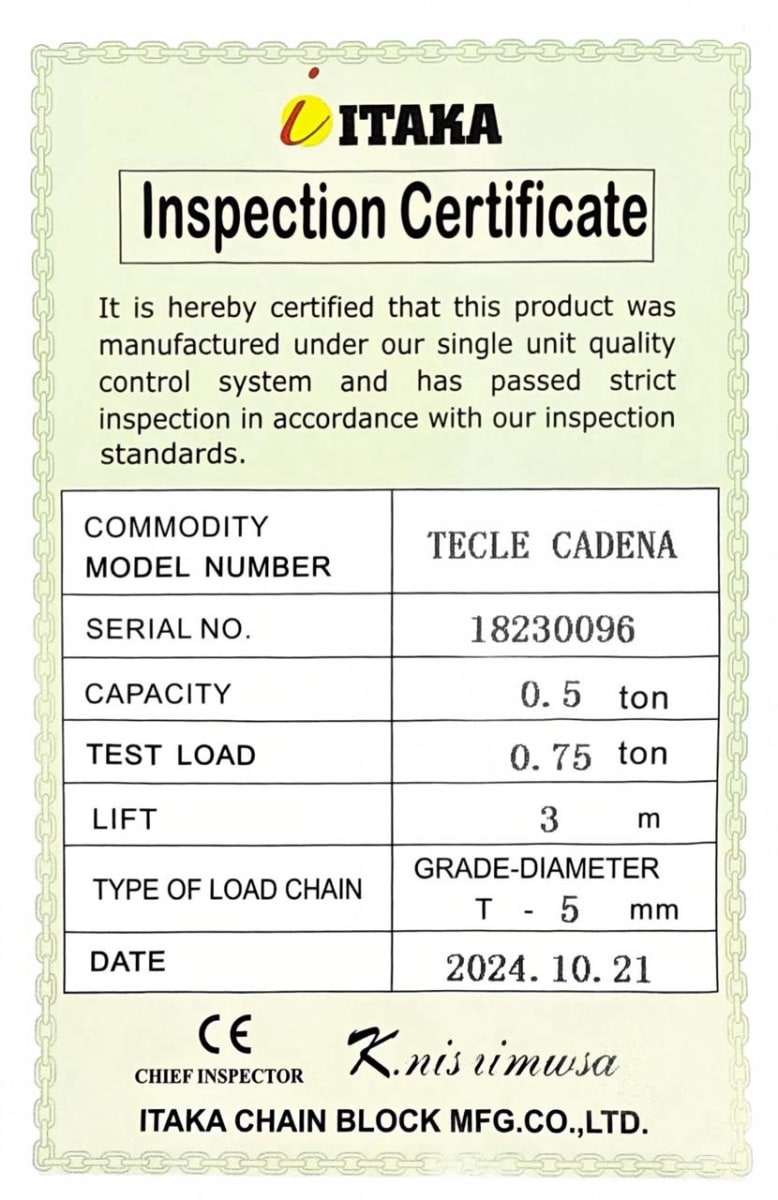 Tecle Cadena Manual 0.5 Ton Itaka Con Gancho 3 mts De Levante Certificados2