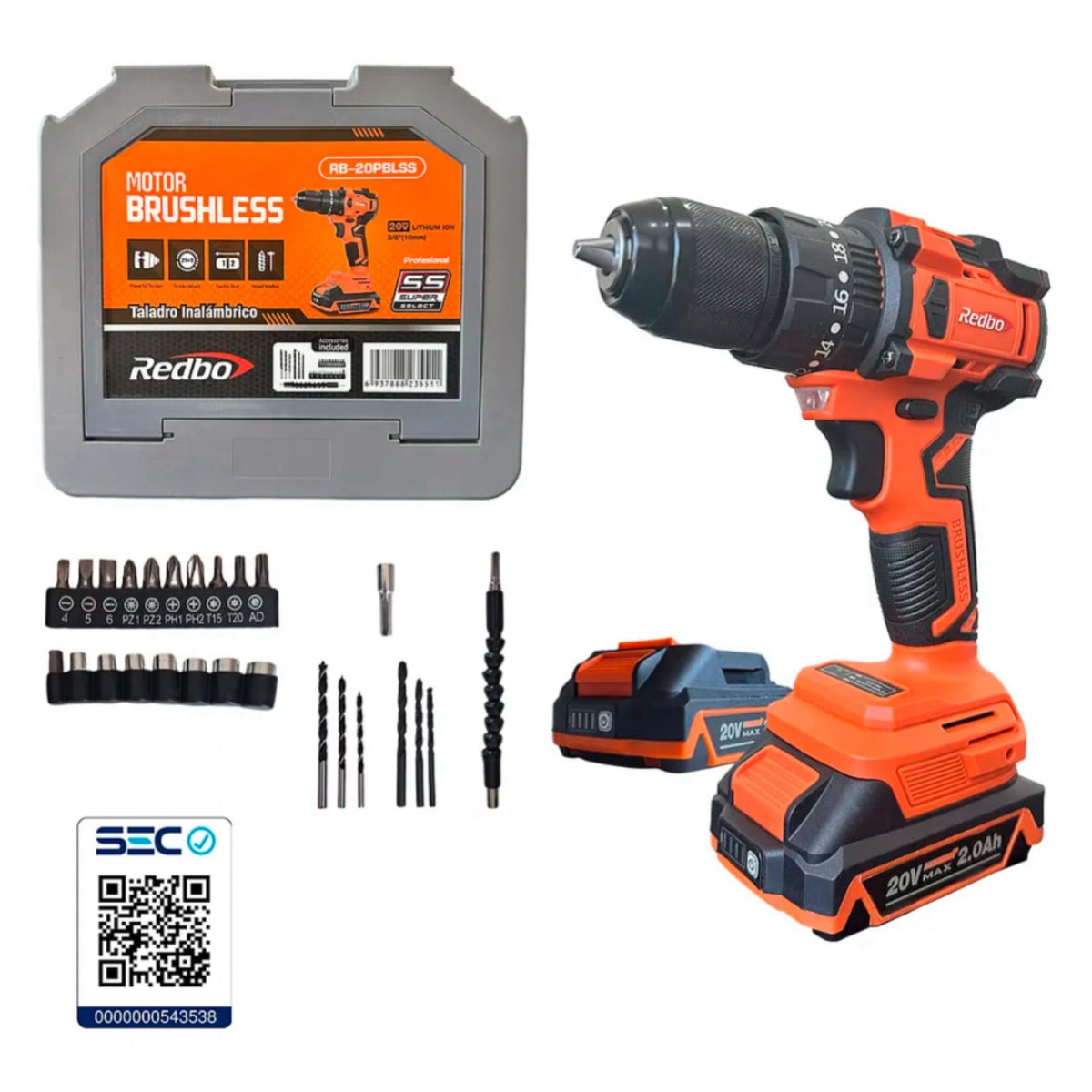 Taladro Atornillador Percutor 20v 10mm Motor BRUSHLESS 40nm + 2 bat 2.0amp PB-20BLSS 0