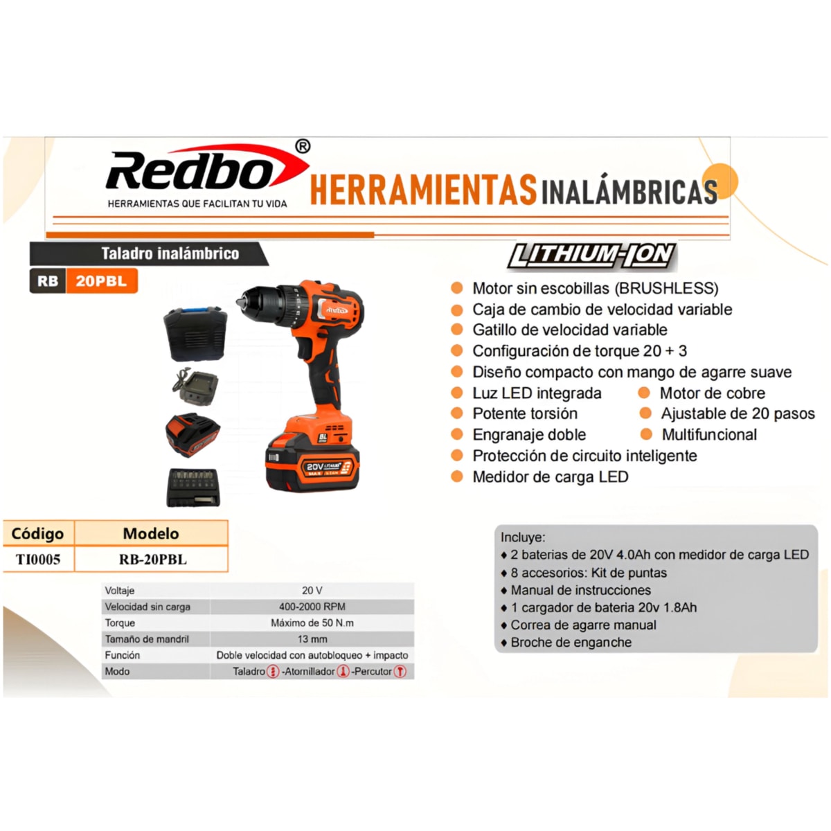 Taladro Percutor Atornillador Inalámbrico 20V De 13 mm BRUSHLESS RB-20PBL4