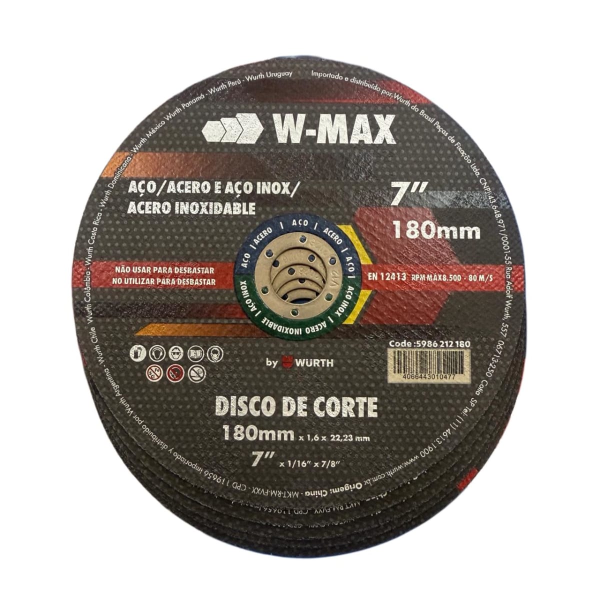 Disco Corte Acero Inox 7pulg 180mm 1.6mm Espesor W-max PACK 5 UND3