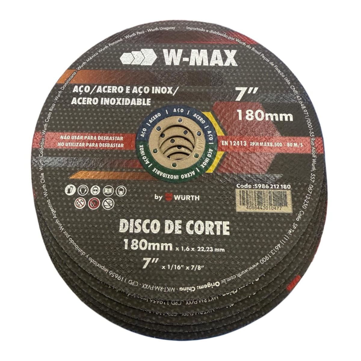 Disco Corte Acero Inox 7pulg 180mm 1.6mm Espesor W-max PACK 5 UND2