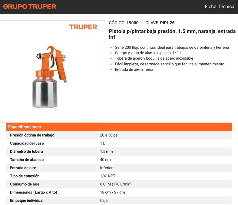 Pistola P/pintar Baja Presion 20-50psi TRUPER PIPI-26 1L6