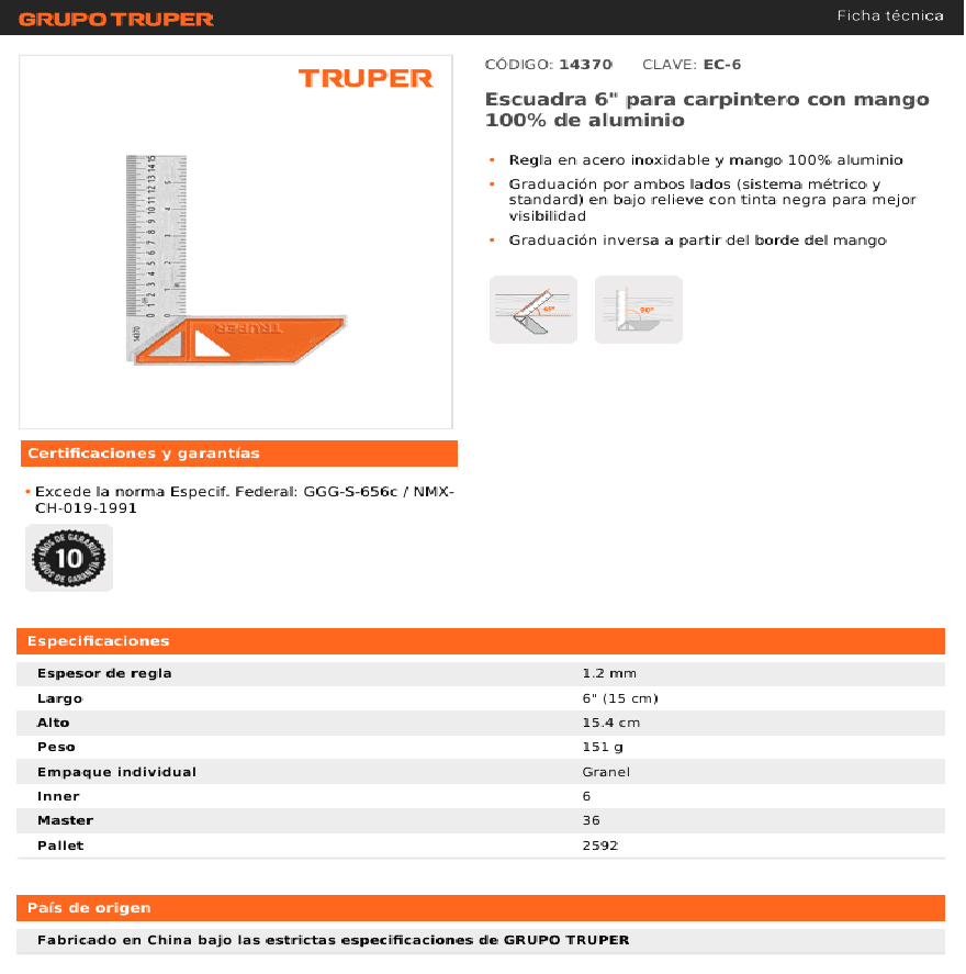 ESCUADRA CARPINTERO 6PULG TRUPER EC-64