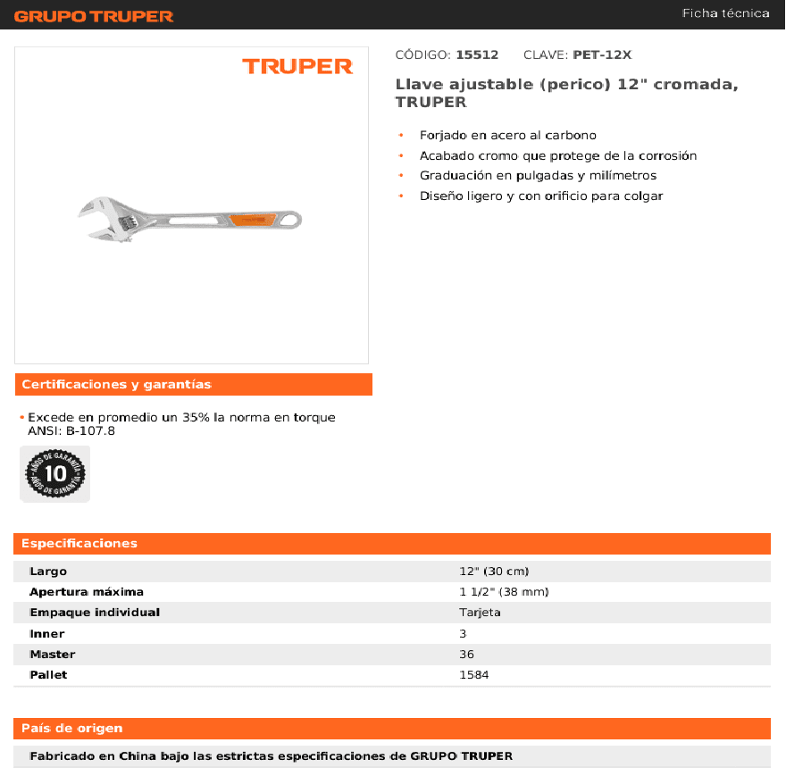 LLAVE FRANCESA 12pulg TRUPER PET-12X2