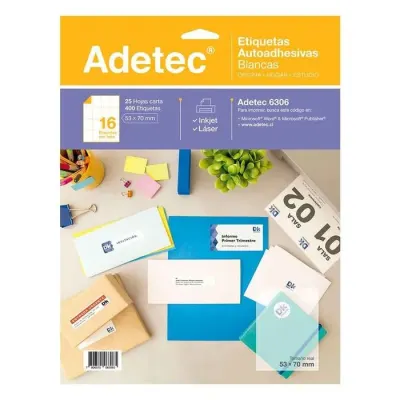Etiqueta 53X70 Mm Blanca Autohadesiva 25 Hojas. Adetec1
