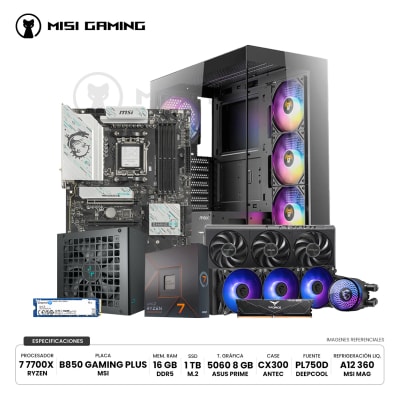 COMBO PC RYZEN 7 7700X + MSI B850 GAMING PLUS WF + VULCAN 16GB 6000MHZ + KINGSTON NV3 1TB + ASUS PRIME 5060 8GB + LIQUIDA MSI A12 360MM + ANTEC CX300 4F + 750W BRONZE1
