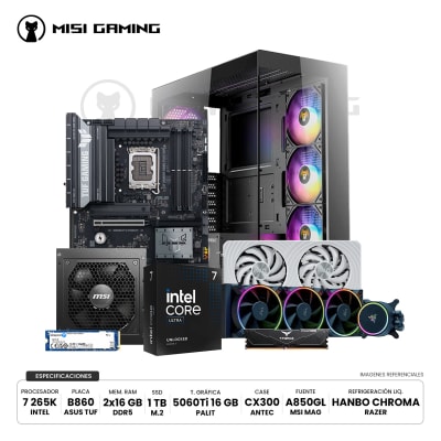 COMBO PC ULTRA 7 265K + ASUS TUF B860 PLUS WIFI + VULCAN 2X16GB 6000MHZ + KINGSTON NV3 1TB + PALIT 5060TI 16GB + ANTEC CX300 + MSI 850W GOLD + LIQUIDA RAZER HANBO 360MM1