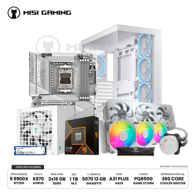 COMBO PC RYZEN 9 9900X + AORUS ELITE X870 + VULCAN 2X16GB 6000MHZ + KINGSTON NV3 1TB + GIGABYTE 5070 12GB + CASE ASUS A31PLUS + GAME STORM 850W GOLD + COOLER MASTER 360MM1
