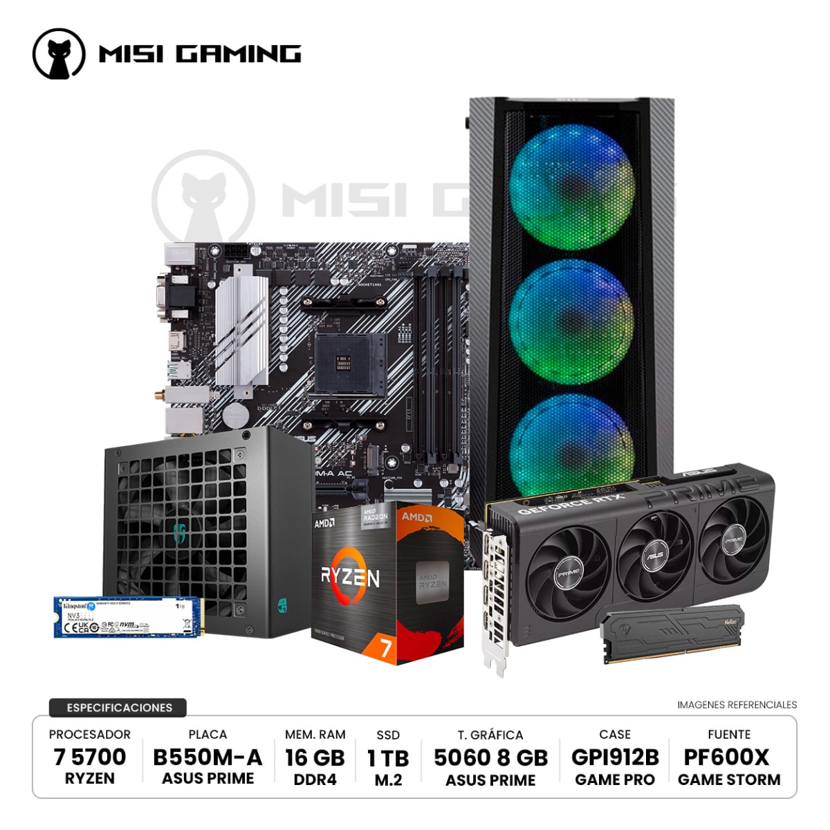 COMBO PC RYZEN 7 5700 + B550M-A AC + 16GB 3200MHZ + 1TB + ASUS PRIME 5060 + CASE 4F + 600W BRONZE
